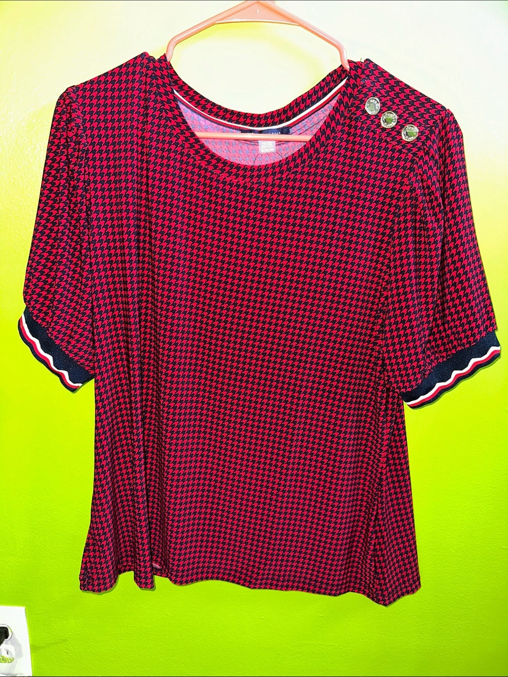 Tommy Hilfiger Red and Black Houndstooth Short Sleeve Top with Button Detail